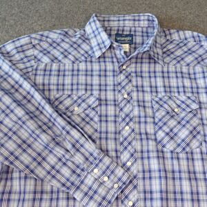 Wrangler Western Shirt Mens XXL Blue White Plaid Pearl Snap Short Sleeve 75204PP
